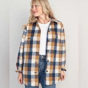 Old Navy Plaid Soft-Brushed Utility Shacket Brown/Blue/Cream Small oversized